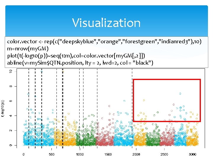 Visualization color. vector <- rep(c("deepskyblue", "orange", "forestgreen", "indianred 3"), 10) m=nrow(my. GM) plot(t(-log 10(p))~seq(1: