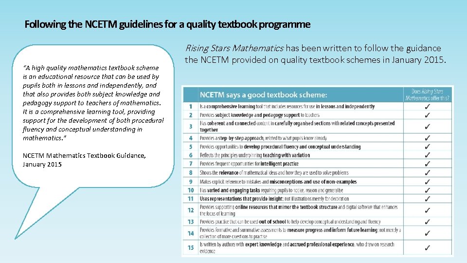 Following the NCETM guidelines for a quality textbook programme Rising Stars Mathematics has been