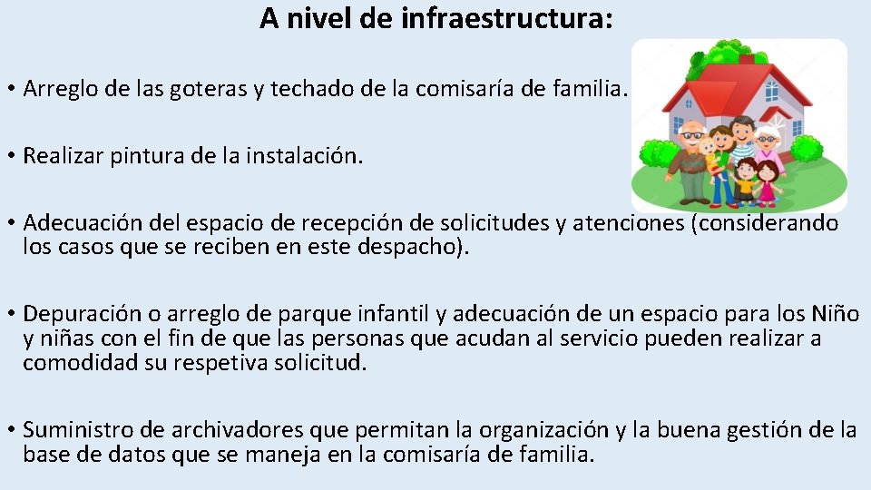 A nivel de infraestructura: • Arreglo de las goteras y techado de la comisaría