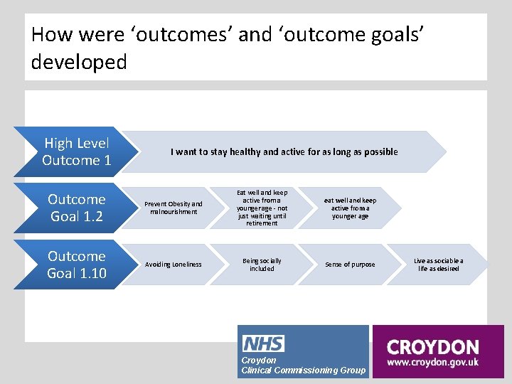 How were ‘outcomes’ and ‘outcome goals’ developed High Level Outcome 1 Outcome Goal 1.