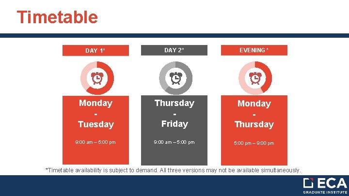 Timetable DAY 1* DAY 2* EVENING* Monday Tuesday Thursday Friday Monday Thursday 9: 00