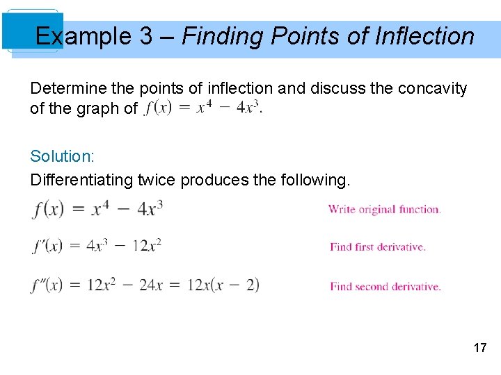 Example 3 – Finding Points of Inflection Determine the points of inflection and discuss