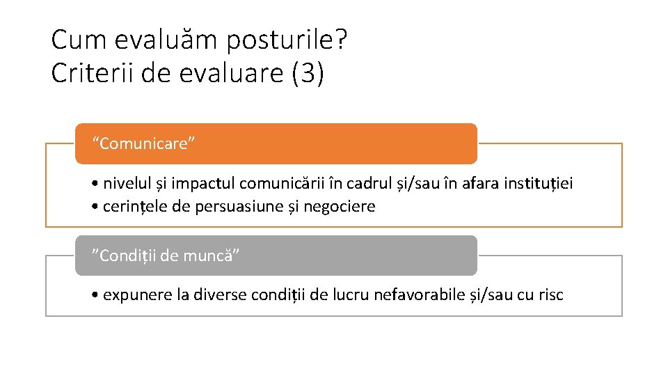 Cum evaluăm posturile? Criterii de evaluare (3) “Comunicare” • nivelul și impactul comunicării în