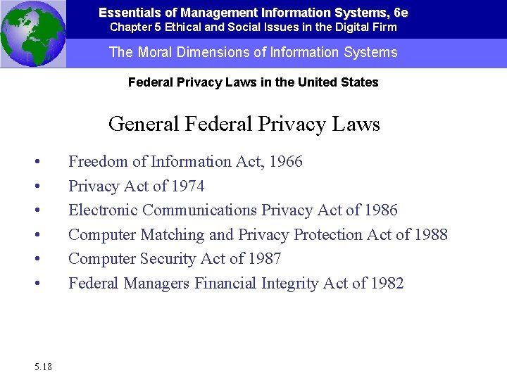 Essentials of Management Information Systems, 6 e Chapter 5 Ethical and Social Issues in