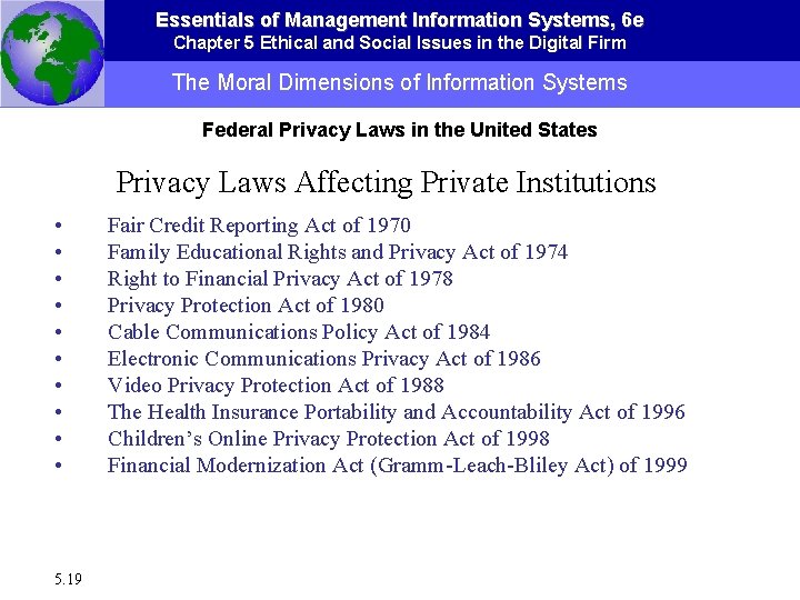 Essentials of Management Information Systems, 6 e Chapter 5 Ethical and Social Issues in