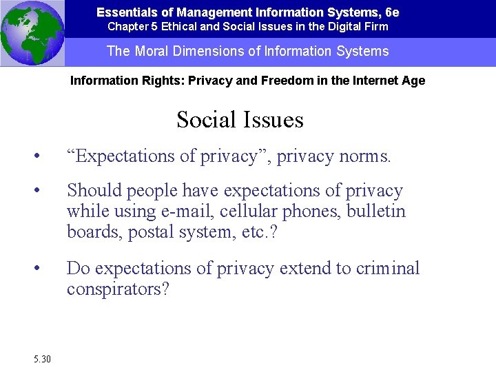 Essentials of Management Information Systems, 6 e Chapter 5 Ethical and Social Issues in