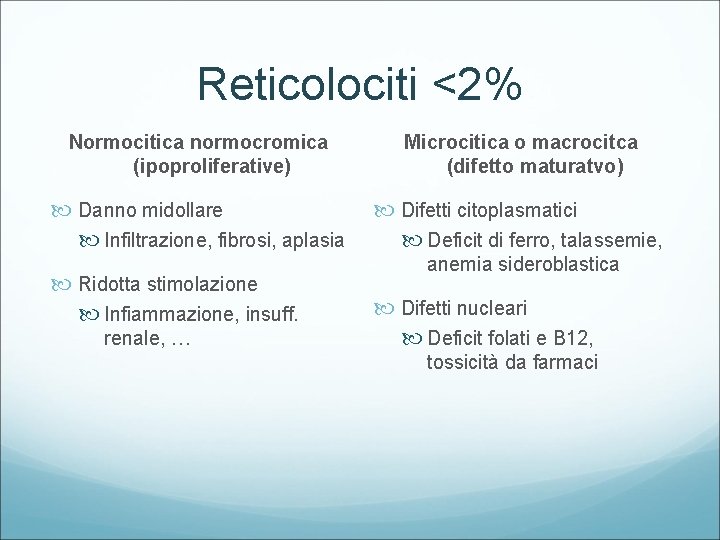Reticolociti <2% Normocitica normocromica (ipoproliferative) Microcitica o macrocitca (difetto maturatvo) Danno midollare Infiltrazione, fibrosi,