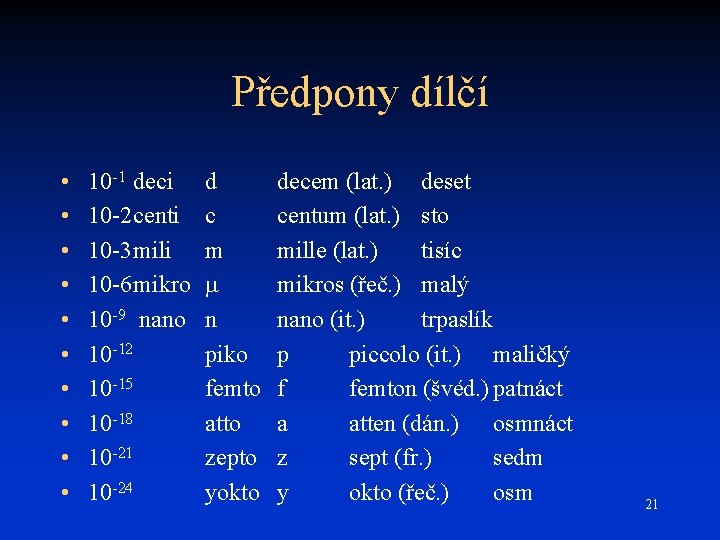 Předpony dílčí • • • 10 -1 deci 10 -2 centi 10 -3 mili