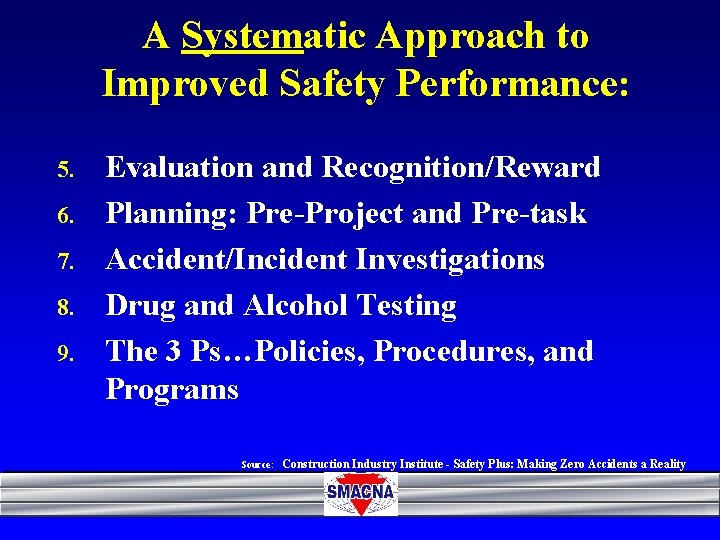 A Systematic Approach to Improved Safety Performance: 5. 6. 7. 8. 9. Evaluation and
