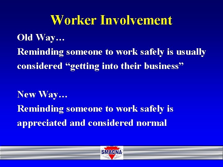 Worker Involvement Old Way… Reminding someone to work safely is usually considered “getting into
