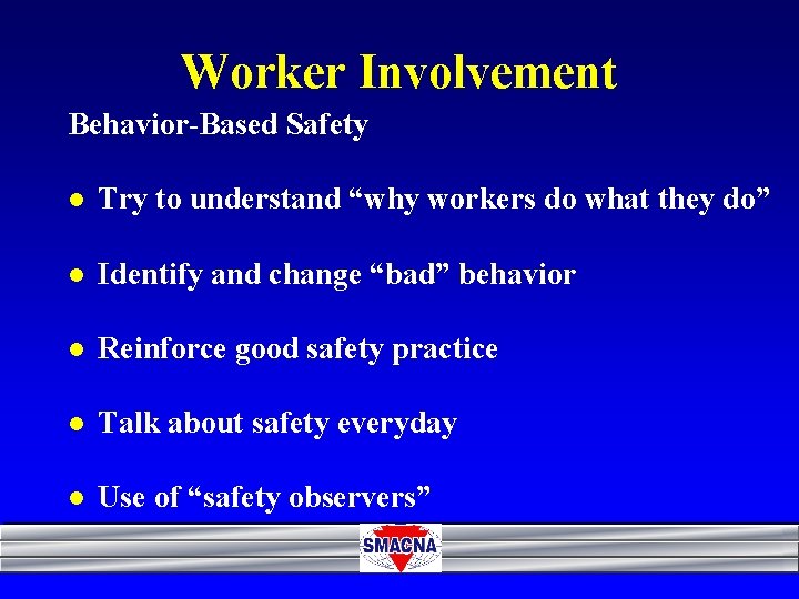 Worker Involvement Behavior-Based Safety l Try to understand “why workers do what they do”