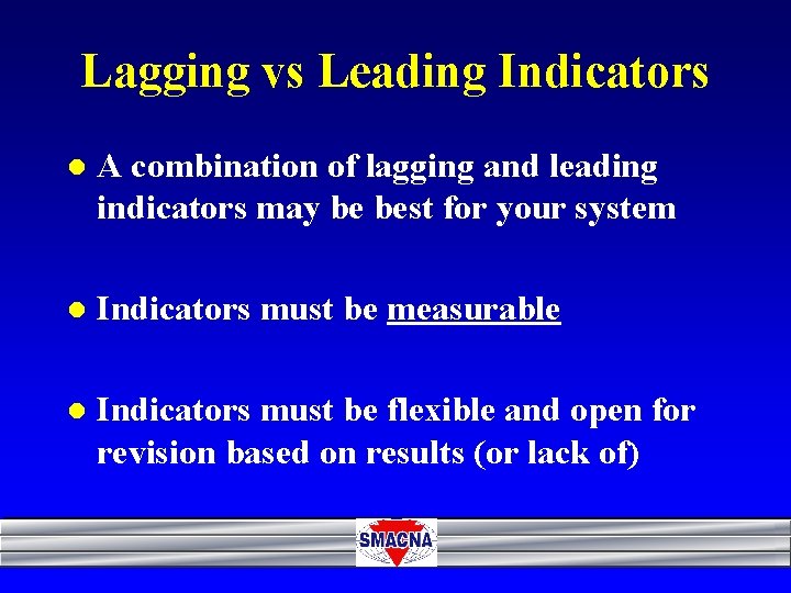 Lagging vs Leading Indicators l A combination of lagging and leading indicators may be