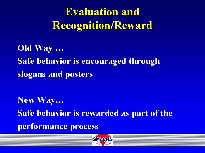 Evaluation and Recognition/Reward Old Way … Safe behavior is encouraged through slogans and posters