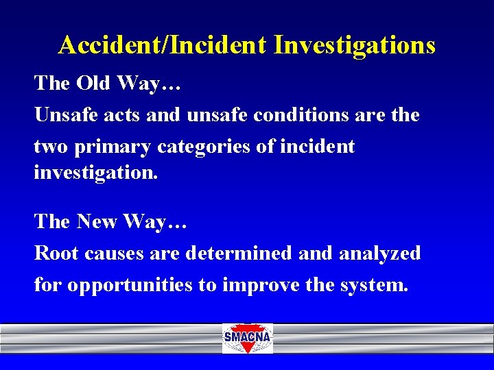 Accident/Incident Investigations The Old Way… Unsafe acts and unsafe conditions are the two primary