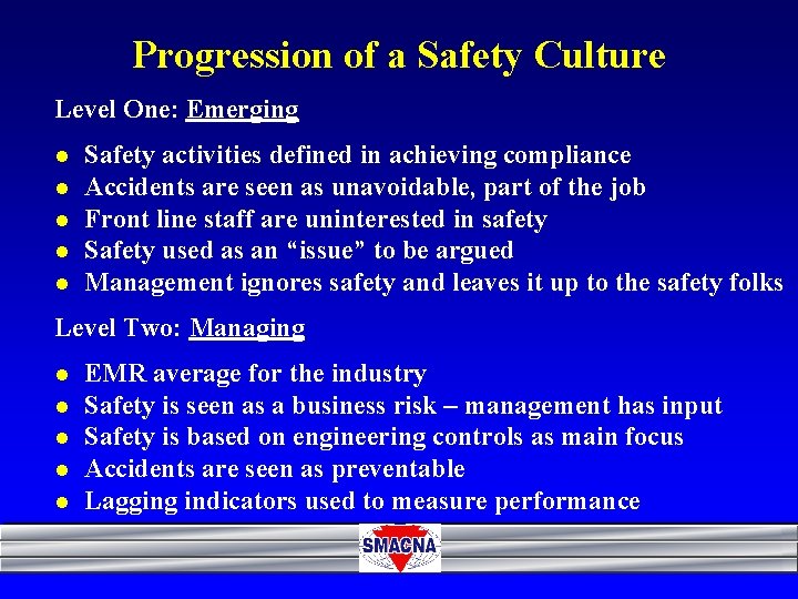 Progression of a Safety Culture Level One: Emerging l l l Safety activities defined