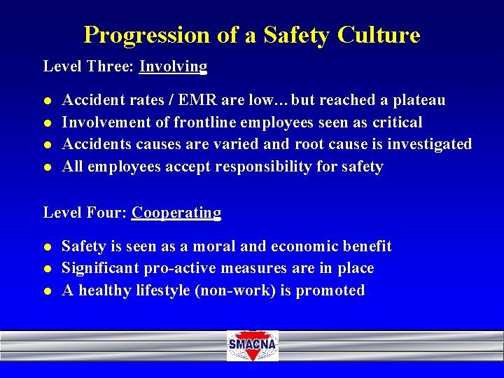 Progression of a Safety Culture Level Three: Involving l l Accident rates / EMR