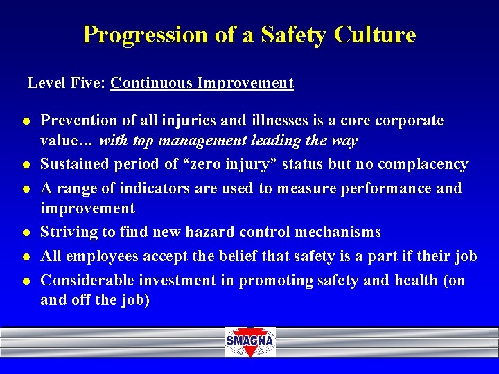 Progression of a Safety Culture Level Five: Continuous Improvement l l l Prevention of