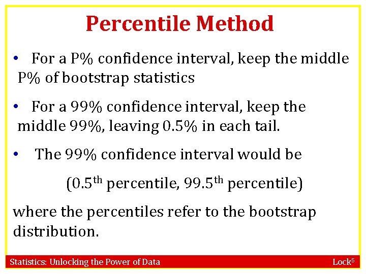 Percentile Method • For a P% confidence interval, keep the middle P% of bootstrap