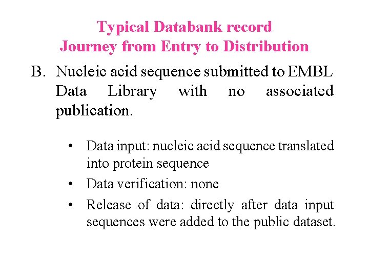 Typical Databank record Journey from Entry to Distribution B. Nucleic acid sequence submitted to Typical Databank record Journey from Entry to Distribution B. Nucleic acid sequence submitted to