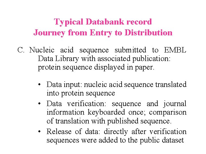 Typical Databank record Journey from Entry to Distribution C. Nucleic acid sequence submitted to Typical Databank record Journey from Entry to Distribution C. Nucleic acid sequence submitted to