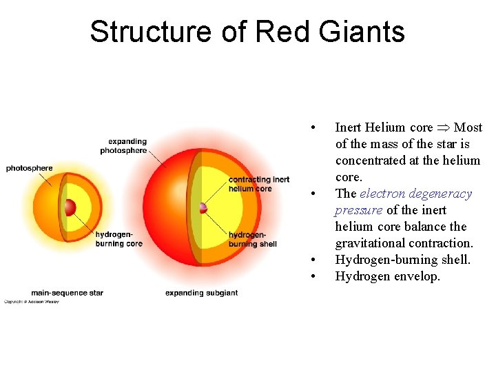 Structure of Red Giants • • Inert Helium core Most of the mass of