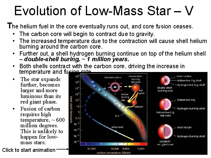 Evolution of Low-Mass Star – V The helium fuel in the core eventually runs