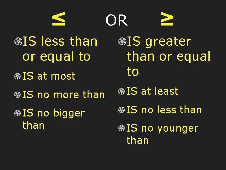 ≤ OR IS less than or equal to ≥ IS at most IS greater