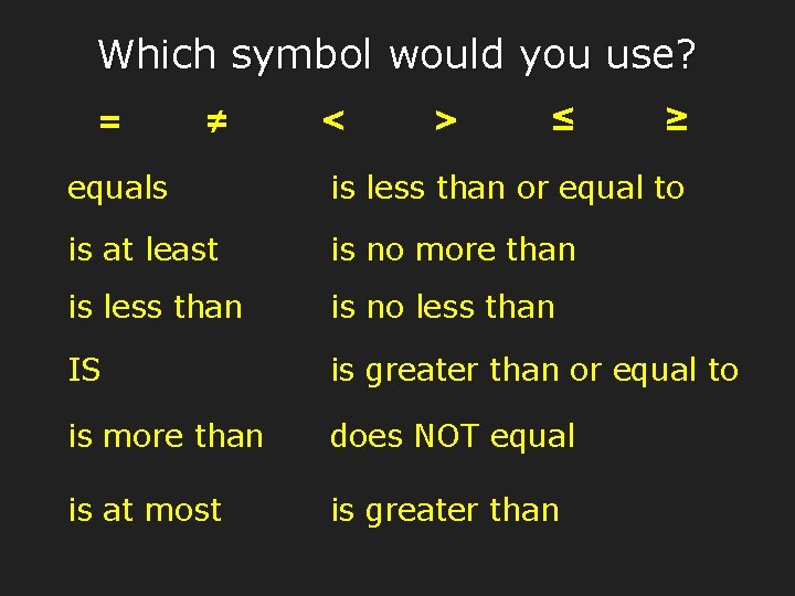 Which symbol would you use? = ≠ < > ≤ ≥ equals is less