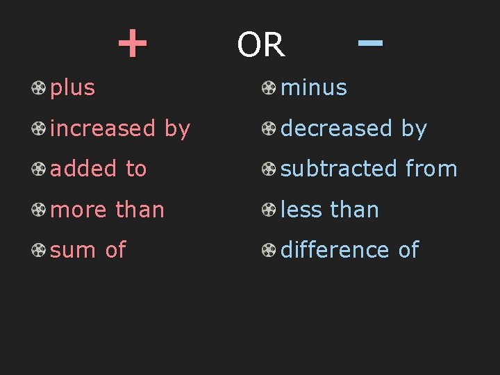 + OR – plus minus increased by decreased by added to subtracted from more