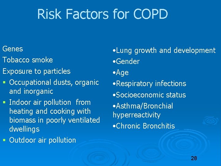 Risk Factors for COPD Genes • Lung growth and development Tobacco smoke • Gender