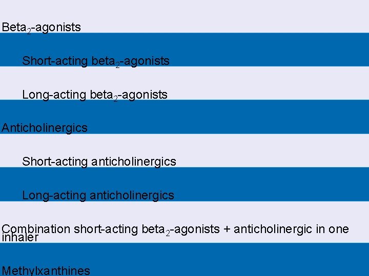 Beta 2 -agonists Short-acting beta 2 -agonists Long-acting beta 2 -agonists Anticholinergics Short-acting anticholinergics