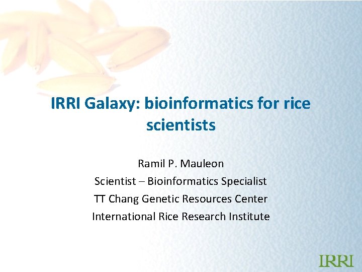 IRRI Galaxy: bioinformatics for rice scientists Ramil P. Mauleon Scientist – Bioinformatics Specialist TT