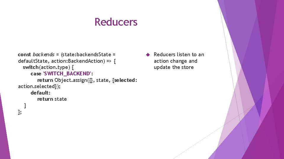 Reducers const backends = (state: backends. State = default. State, action: Backend. Action) =>