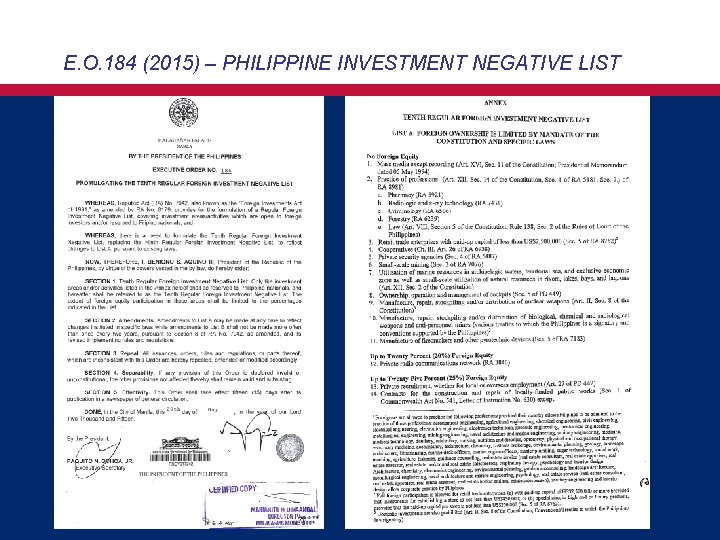 E. O. 184 (2015) – PHILIPPINE INVESTMENT NEGATIVE LIST 