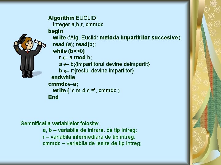 Algorithm EUCLID; Integer a, b, r, cmmdc begin write ('Alg. Euclid: metoda impartirilor succesive')