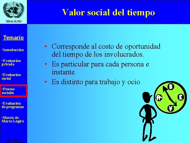 Valor social del tiempo CEPAL/ILPES Temario • Introducción • Evaluación privada • Evaluación social