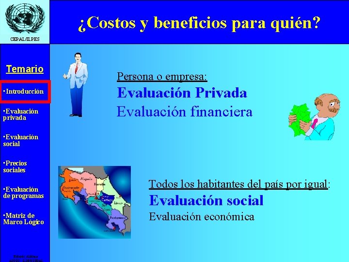 ¿Costos y beneficios para quién? CEPAL/ILPES Temario • Introducción • Evaluación privada Persona o