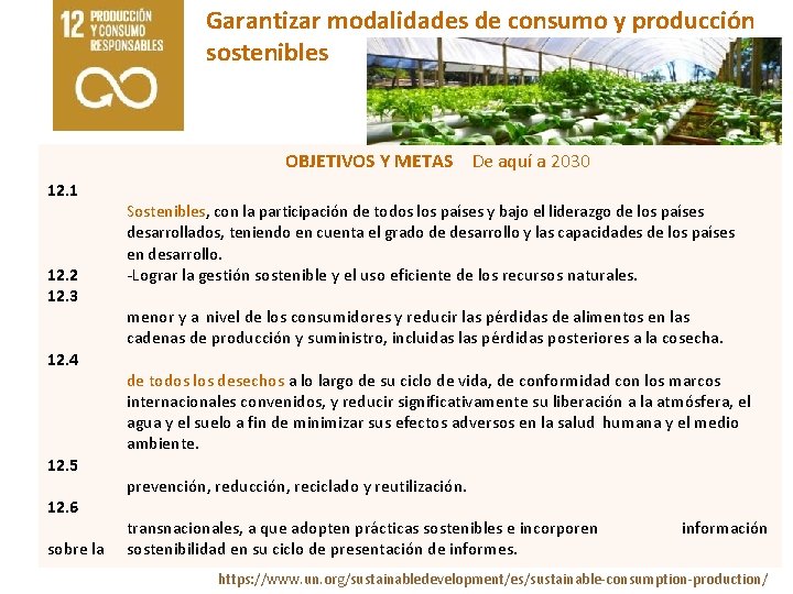 Garantizar modalidades de consumo y producción sostenibles OBJETIVOS Y METAS De aquí a 2030