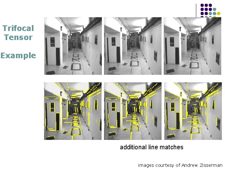 Trifocal Tensor Example additional line matches images courtesy of Andrew Zisserman Trifocal Tensor Example additional line matches images courtesy of Andrew Zisserman