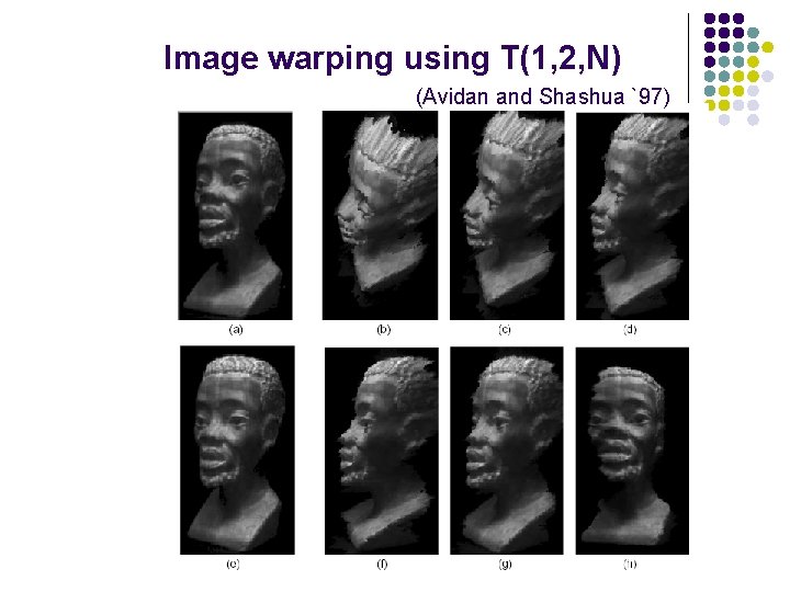 Image warping using T(1, 2, N) (Avidan and Shashua `97) Image warping using T(1, 2, N) (Avidan and Shashua `97)