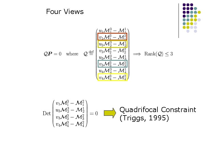 Four Views Quadrifocal Constraint (Triggs, 1995) Four Views Quadrifocal Constraint (Triggs, 1995)
