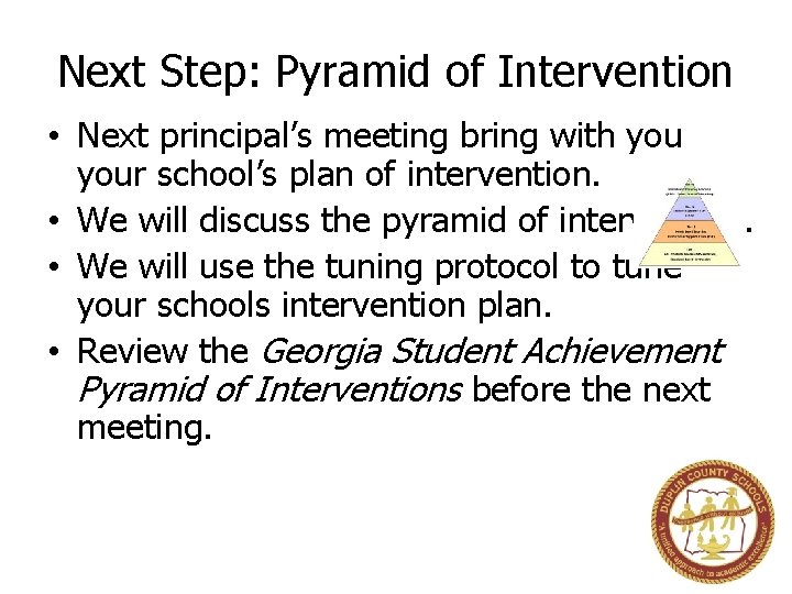 Next Step: Pyramid of Intervention • Next principal’s meeting bring with your school’s plan