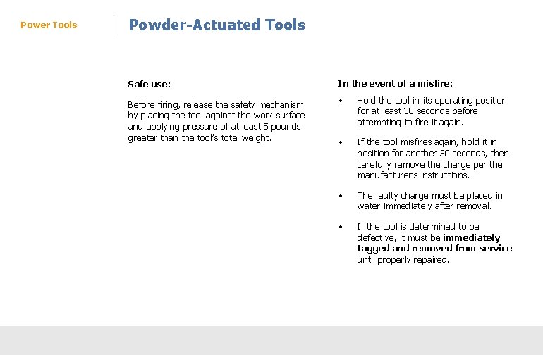 Power Tools Powder-Actuated Tools Safe use: Before firing, release the safety mechanism by placing