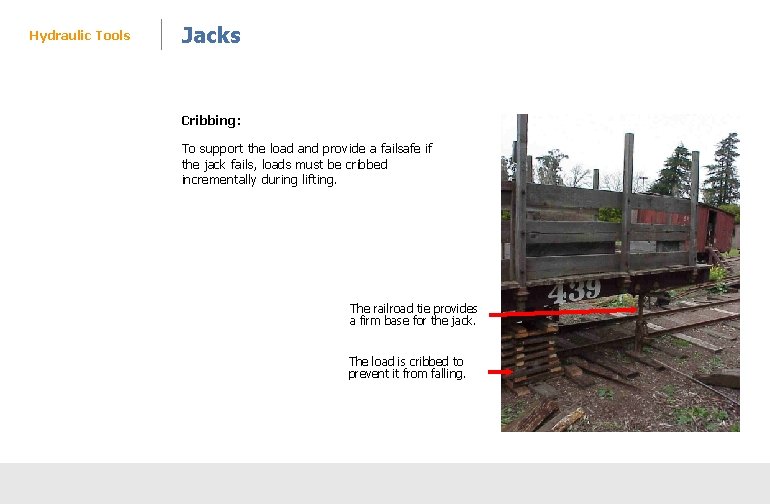 Hydraulic Tools Jacks Cribbing: To support the load and provide a failsafe if the