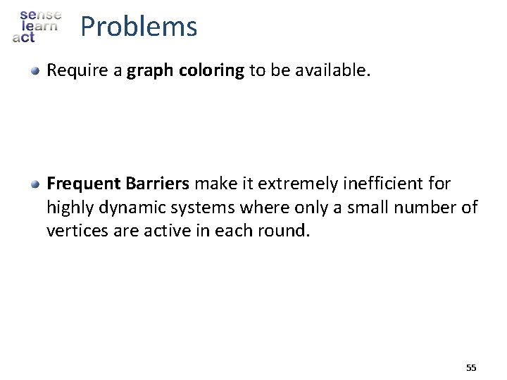 Problems Require a graph coloring to be available. Frequent Barriers make it extremely inefficient