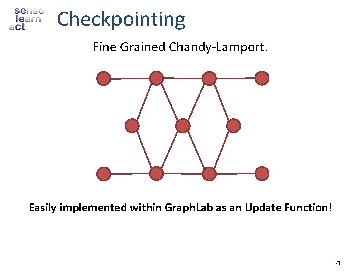 Checkpointing Fine Grained Chandy-Lamport. Easily implemented within Graph. Lab as an Update Function! 71