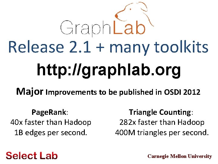 Release 2. 1 + many toolkits http: //graphlab. org Major Improvements to be published