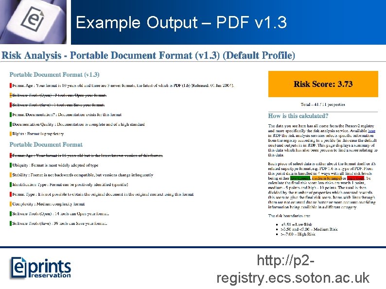 Example Output – PDF v 1. 3 http: //p 2 registry. ecs. soton. ac.