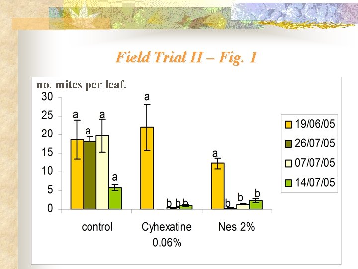 Field Trial II – Fig. 1 no. mites per leaf. 