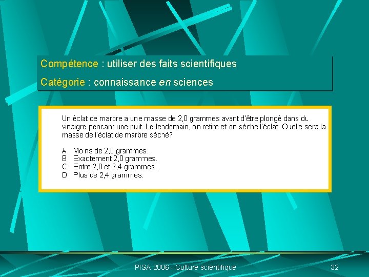 Compétence : utiliser des faits scientifiques Catégorie : connaissance en sciences PISA 2006 -